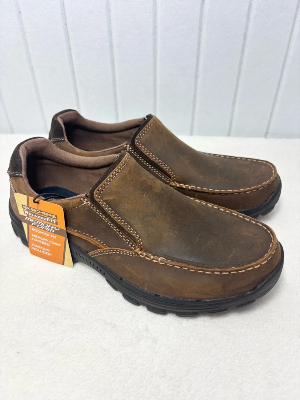 Skechers Brown Leather Upper Loafers USA Braver- Rayland Moc Toe Slip On  NEW